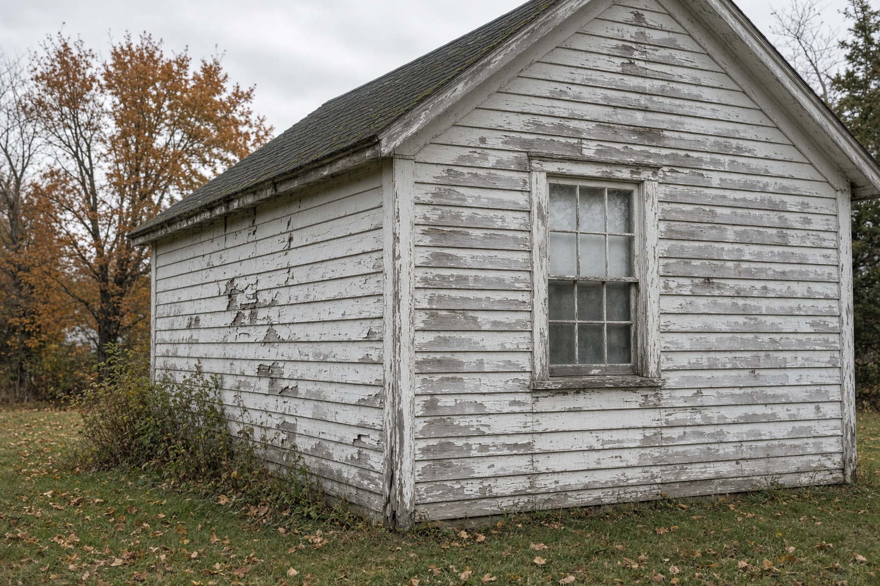 The same cape before siding — tired paint, open joints, weather getting in