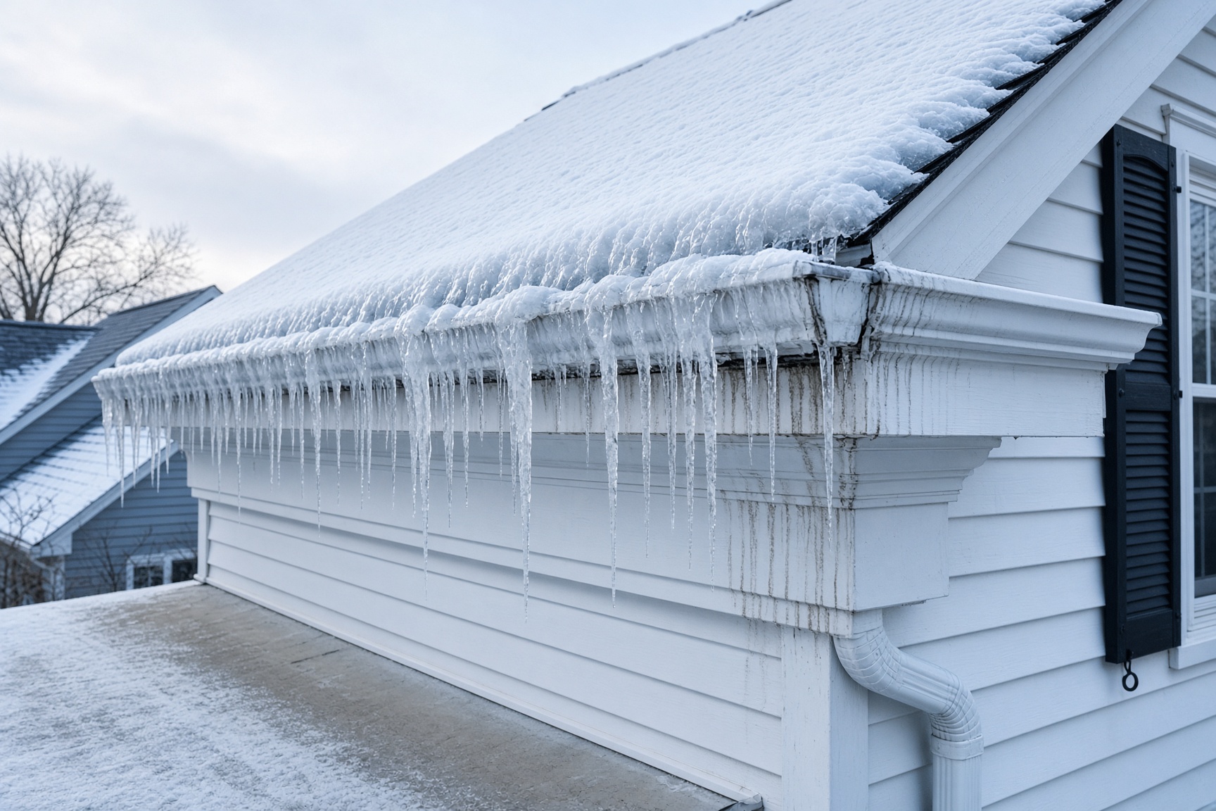 Ice at a Connecticut eave — the storms and dams we tarp and document